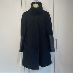 CLUB MONACO BLACK ITALIAN WOOL FITTED COAT JACKET WITH LEATHER DETAILS